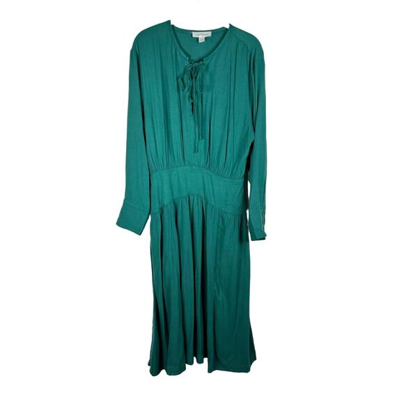 Treasure & Bond Lace Up Front Long Sleeve Midi Dress Green Size S Flowy Pockets - Picture 3 of 11